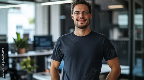 Giovane professionista sorridente in un ufficio moderno, indossa una T-shirt perfetta per un mock-up, trasmettendo sicurezza e serenità.  photo