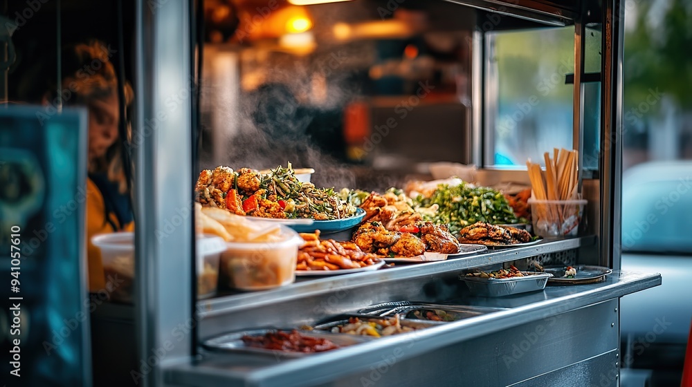 Close-up of a food truck window with various street food options displayed. Close-up of a food truck window with various street food options displayed.