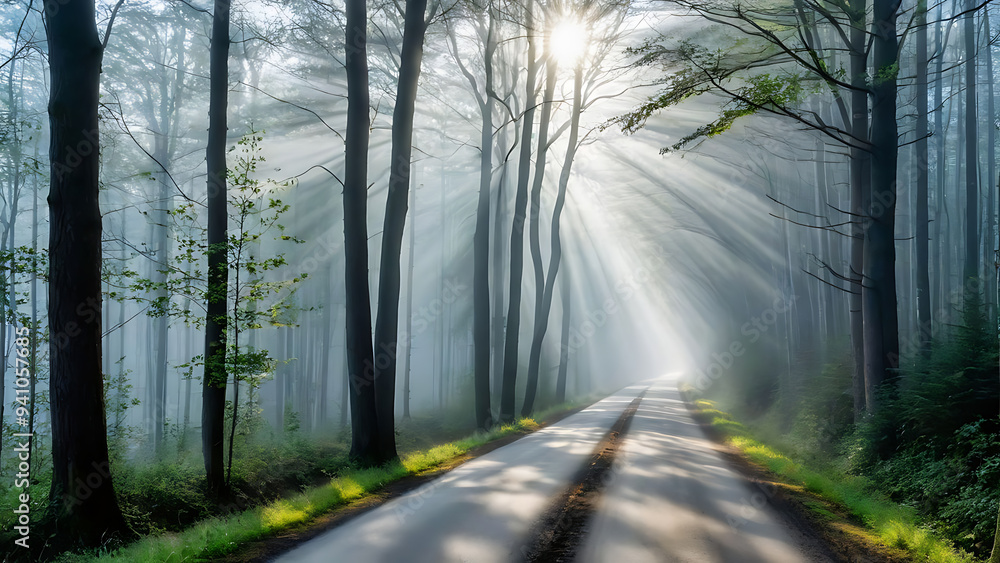 Fototapeta premium road in the forest with misty