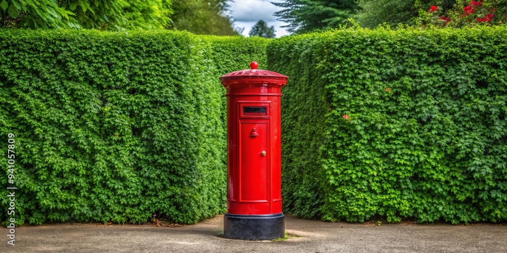 Classic red British pillar box standing against a lush green hedge in a picturesque setting