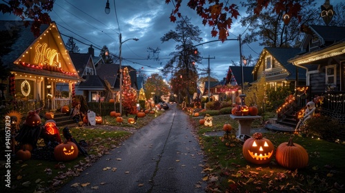 Halloween decorated neighborhood with jack-o'-lanterns and lights