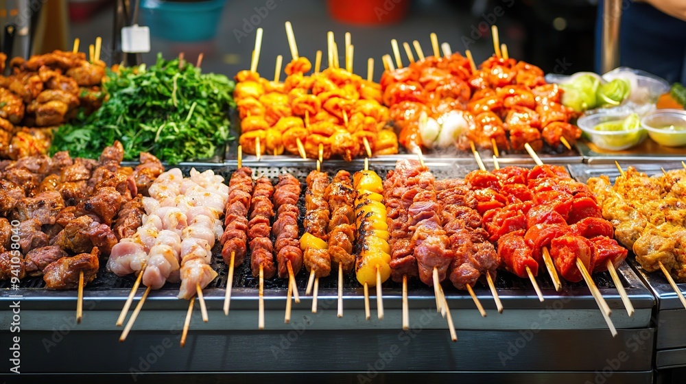 Colorful street food stand with a variety of skewers and grilled meats. Colorful street food stand with a variety of skewers and grilled meats.