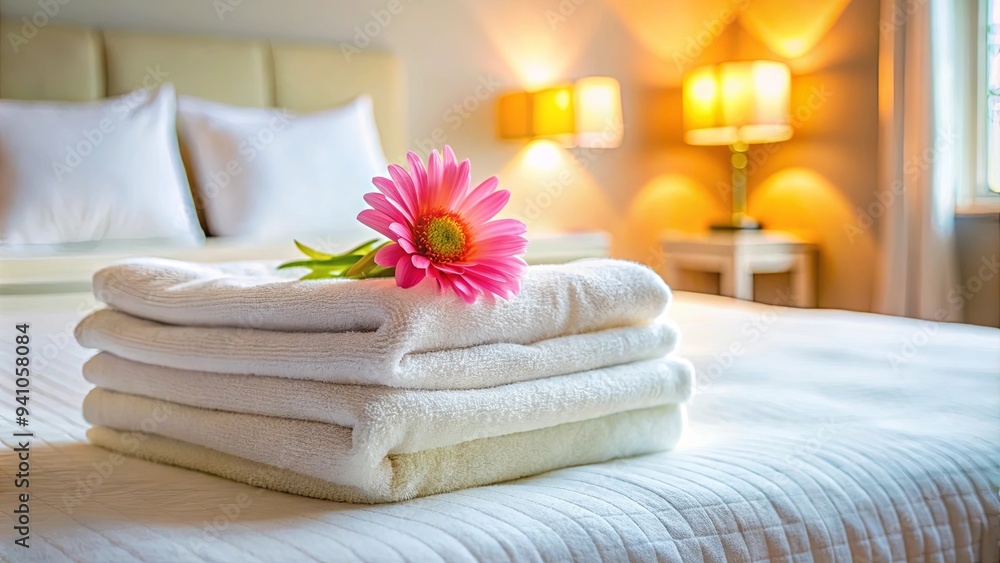 Flower on a stack of towels in a bright hotel room setting Flower on a stack of towels in a bright hotel room setting