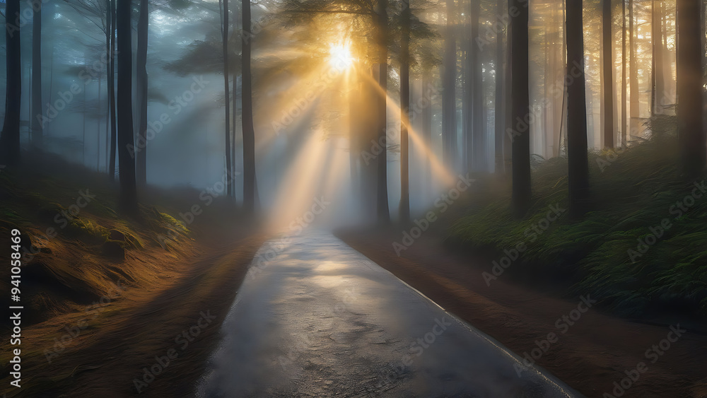 Fototapeta premium road in the forest with misty