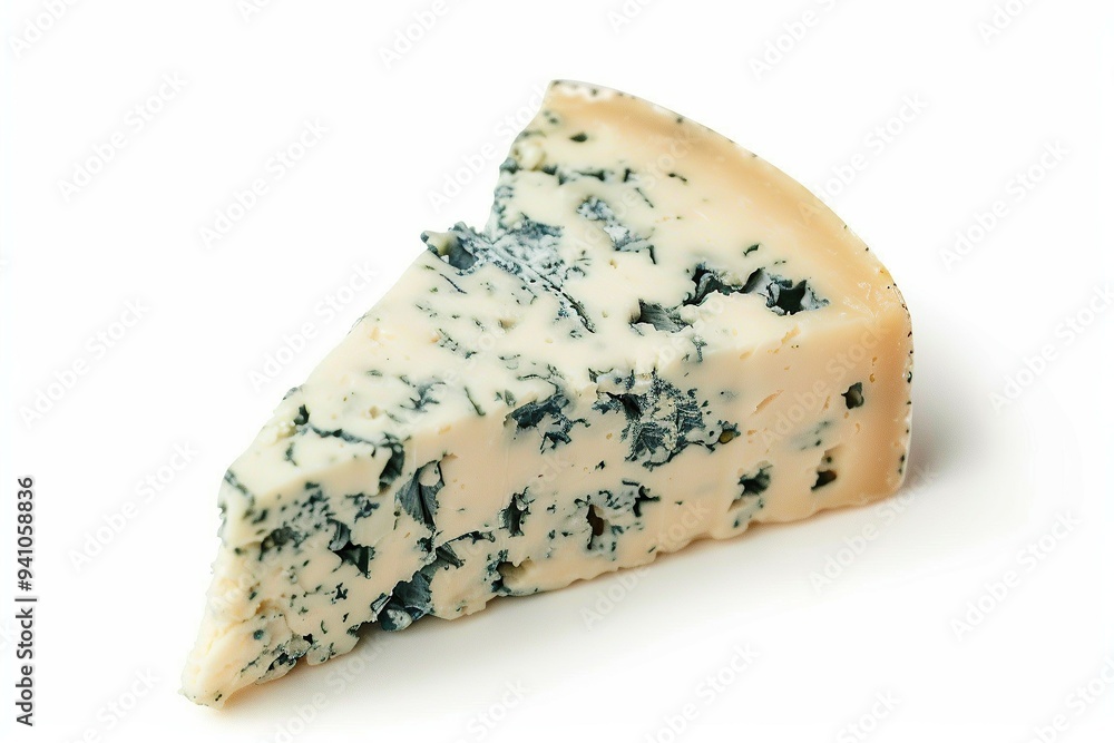 A close-up view of a wedge of blue cheese with greenish marbling on a white background A close-up view of a wedge of blue cheese with greenish marbling on a white background