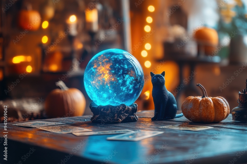 Mystical Halloween setup with a glowing crystal ball, black cat figurine, and pumpkins on a wooden table Mystical Halloween setup with a glowing crystal ball, black cat figurine, and pumpkins on a wooden table