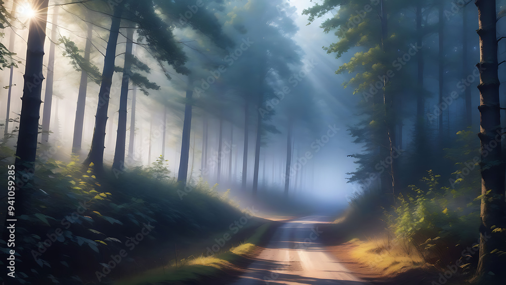 road in the forest with misty road in the forest with misty