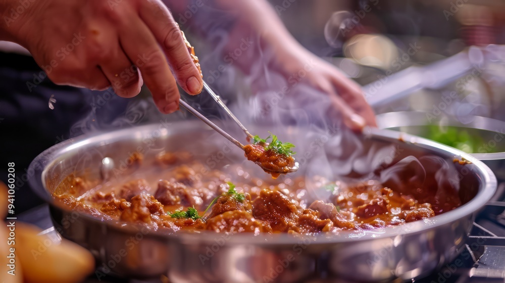 Chef adding spices to a simmering pot of Indian butter chicken, rich sauce, and aromatic herbs Chef adding spices to a simmering pot of Indian butter chicken, rich sauce, and aromatic herbs