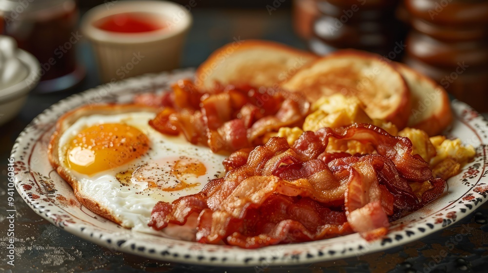 Classic diner breakfast with eggs, bacon, toast, and hash browns served on a vintage plate Classic diner breakfast with eggs, bacon, toast, and hash browns served on a vintage plate