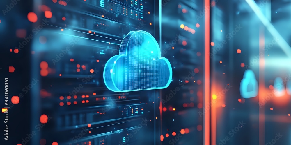 Cloud Computing: Data Center Server Infrastructure with Digital Cloud Icon Cloud Computing: Data Center Server Infrastructure with Digital Cloud Icon