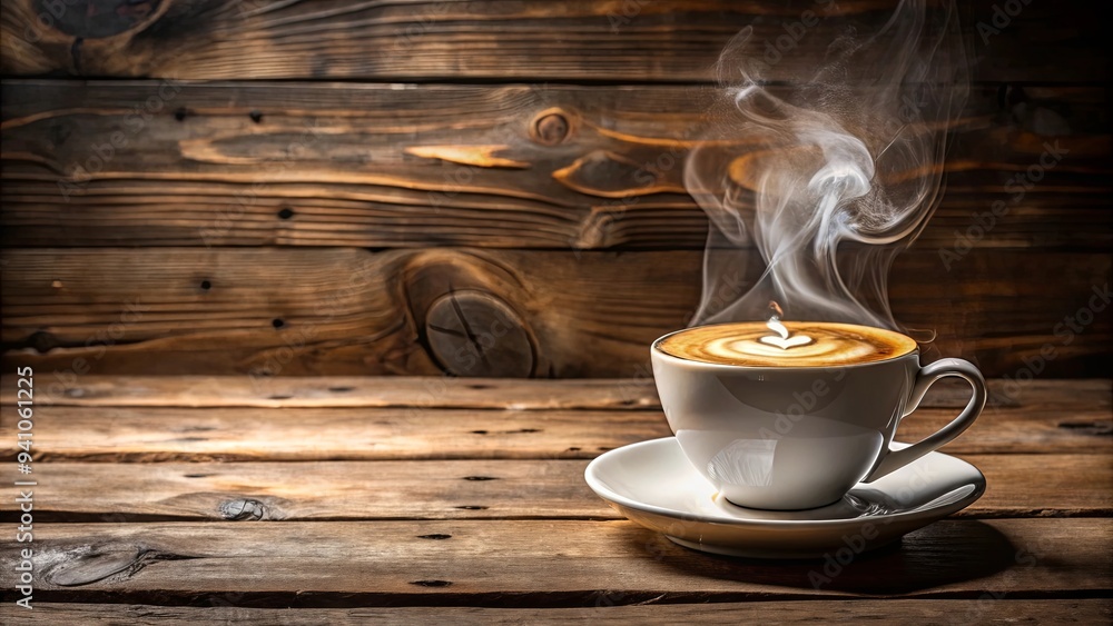 Fototapeta premium Steaming hot latte with foam on a rustic wooden table