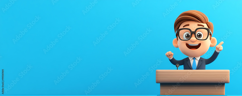 A cheerful cartoon character presenting at a podium with excitement, ideal for educational or motivational themes. A cheerful cartoon character presenting at a podium with excitement, ideal for educational or motivational themes.