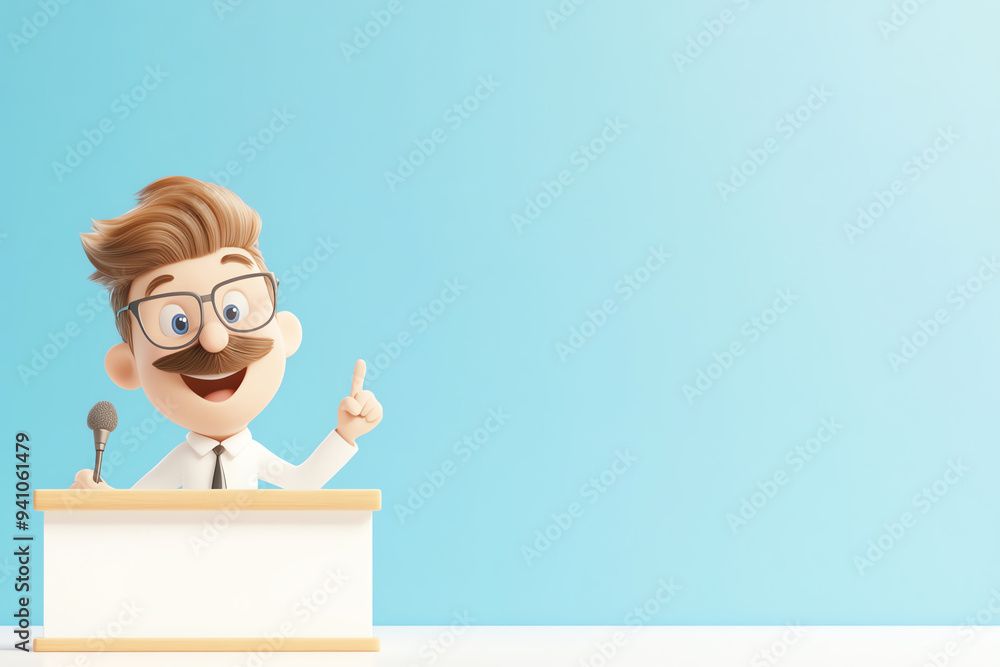 A cheerful cartoon character presenting confidently at a podium, engaging the audience with an enthusiastic gesture. A cheerful cartoon character presenting confidently at a podium, engaging the audience with an enthusiastic gesture.