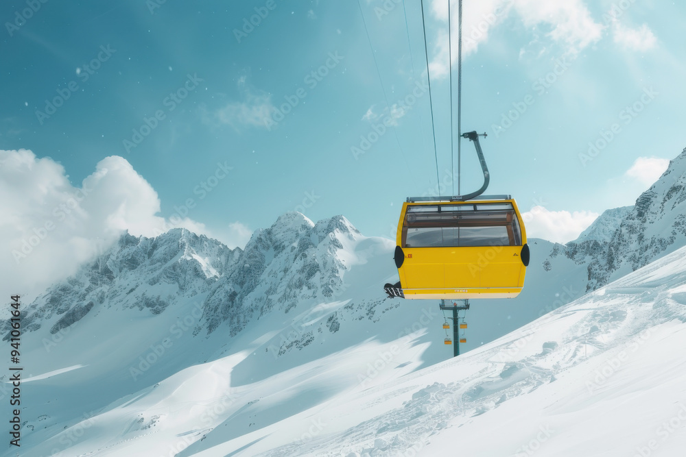 Yellow cable car ascending snowy mountains with clear blue sky, representing winter adventure and alpine scenery. Yellow cable car ascending snowy mountains with clear blue sky, representing winter adventure and alpine scenery.