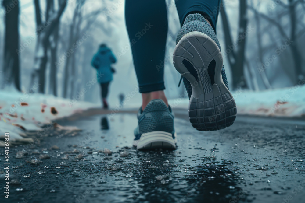 Close-up of a runner’s shoes on a snowy path, capturing winter exercise and outdoor fitness motivation. Close-up of a runner’s shoes on a snowy path, capturing winter exercise and outdoor fitness motivation.