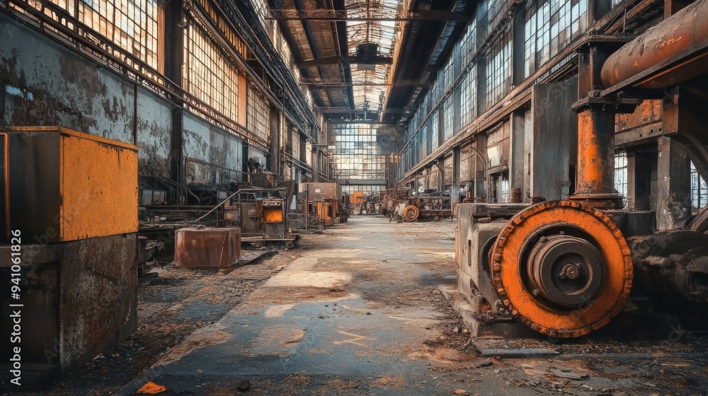 Fototapeta premium A long, abandoned factory building with rusty machinery and dust on the floor.