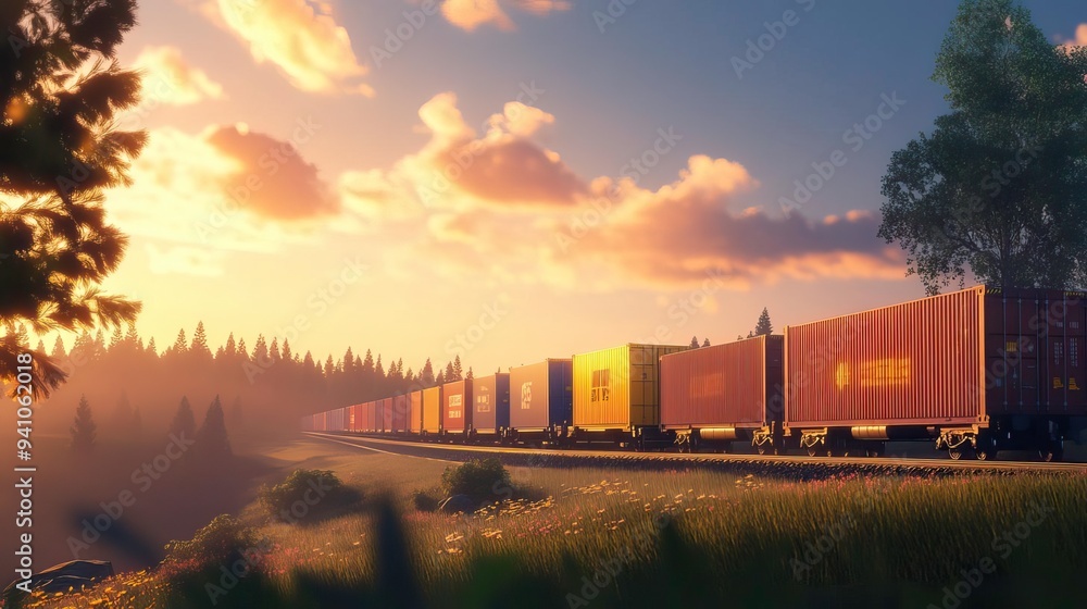 Scenic sunset view of freight train traveling through lush landscape, highlighting nature and transportation.