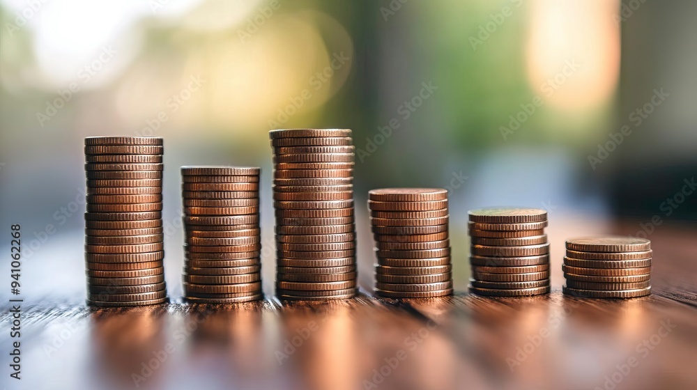 Stacks of coins representing financial growth and investment strategy on a wooden table, with a soft focus background. Stacks of coins representing financial growth and investment strategy on a wooden table, with a soft focus background.