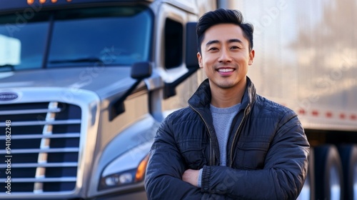 A confident and cheerful asian truck driver is smiling happily in front of his big rig truck