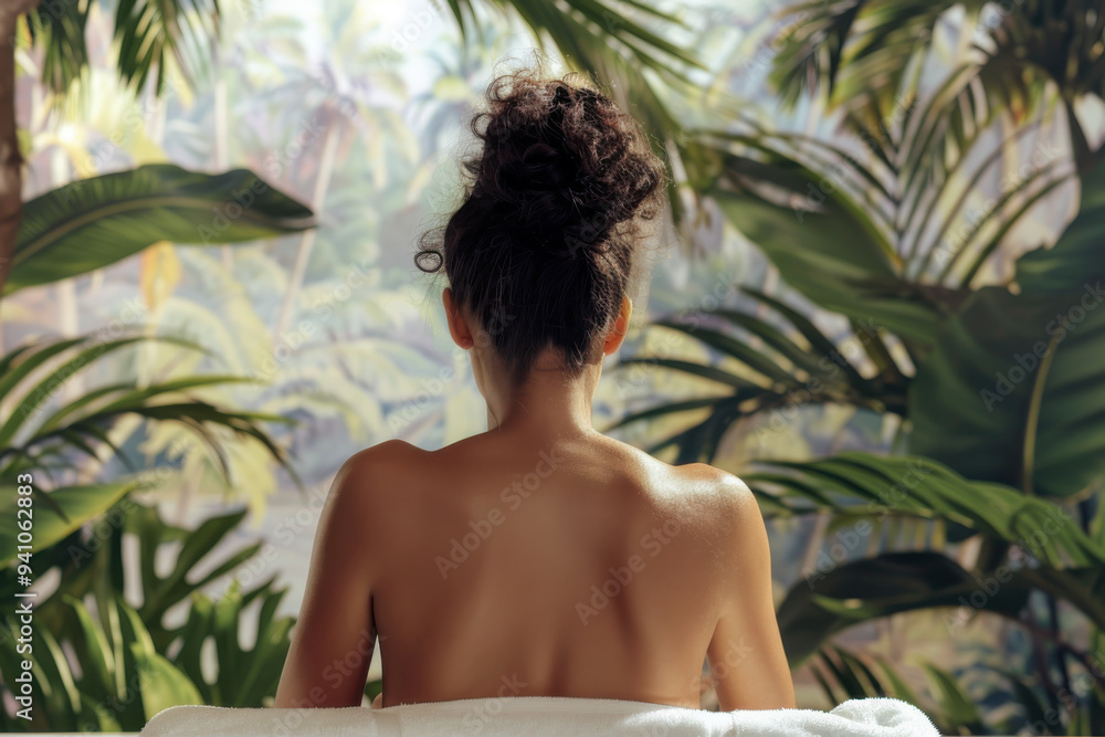 Woman relaxing in an outdoor spa or hot tub surrounded by lush greenery, enjoying a peaceful moment of self-care. Woman relaxing in an outdoor spa or hot tub surrounded by lush greenery, enjoying a peaceful moment of self-care.