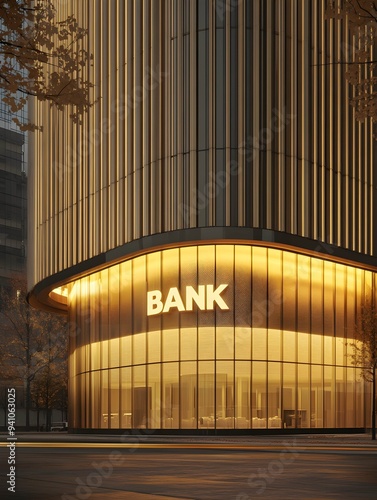 A sleek modern bank building with the word 