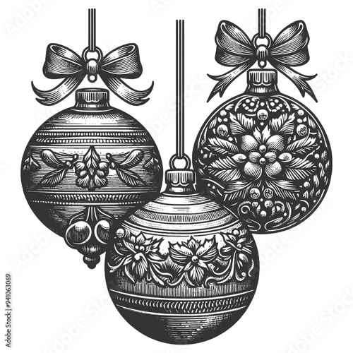 vintage Christmas ornaments and decorations, including baubles, stars, and festive foliage sketch engraving generative ai vector illustration. Scratch board imitation. Black and white image.