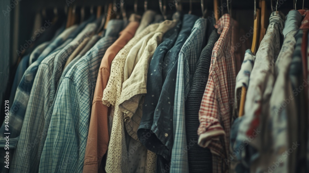 Obraz premium A row of shirts hanging on wooden hangers in a closet.