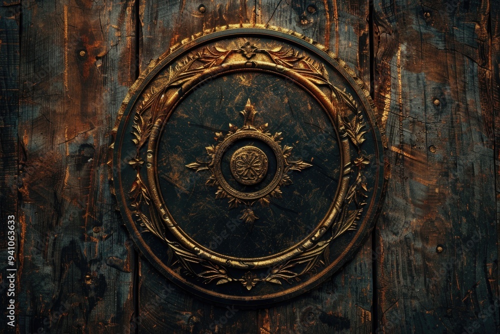 A classic wooden door with a golden decoration, suitable for use in historical or luxurious settings A classic wooden door with a golden decoration, suitable for use in historical or luxurious settings