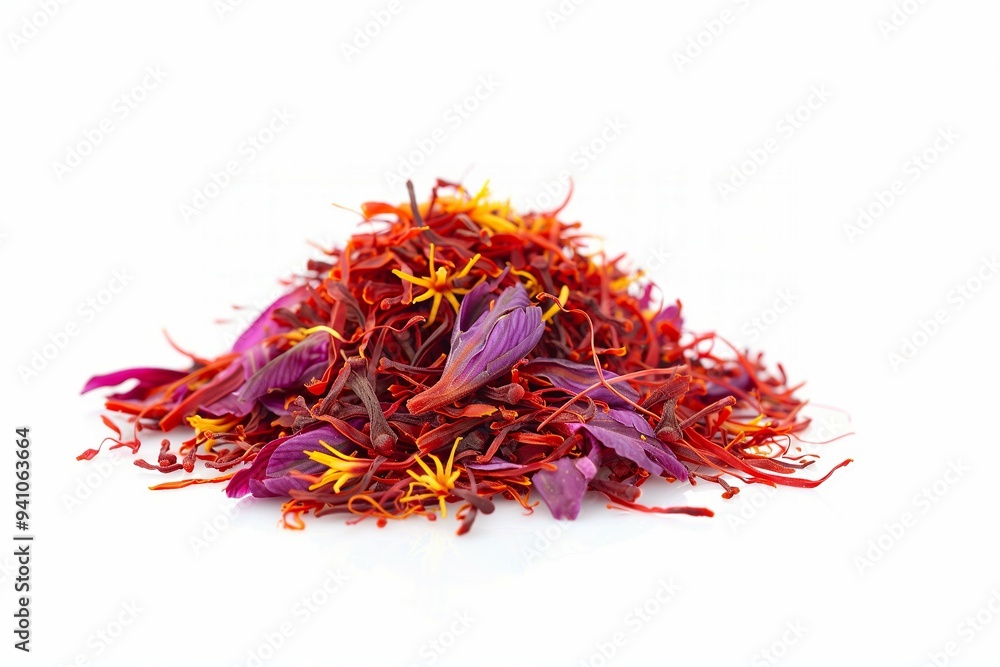 Naklejka premium Colorful pile of dried saffron and floral petals on a white background in natural light