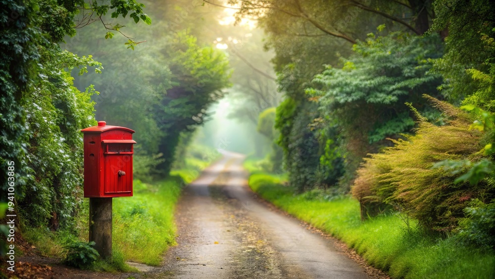 Rustic red post box on misty rural road surrounded by lush greenery, evoking nostalgic charm