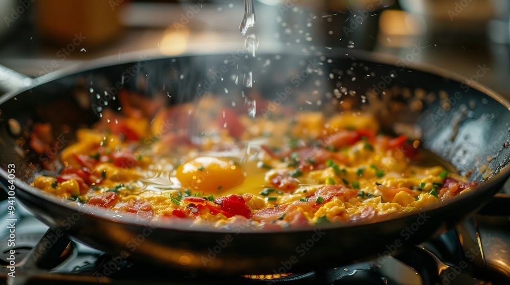 Cooking breakfast in a home kitchen, with eggs being scrambled in a pan and bacon sizzling on the stove Cooking breakfast in a home kitchen, with eggs being scrambled in a pan and bacon sizzling on the stove
