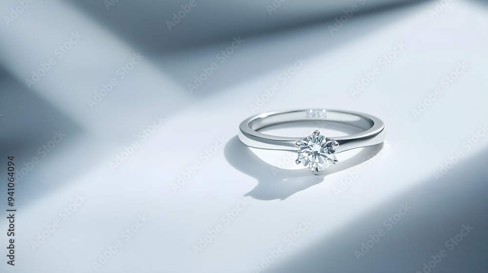 A white gold ring, specifically a silver ring with a diamond, is showcased on a white background with shadows, presenting a still life and creative photograph A white gold ring, specifically a silver ring with a diamond, is showcased on a white background with shadows, presenting a still life and creative photograph