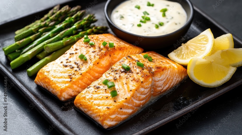 Grilled salmon fillet with a side of steamed asparagus and lemon wedges, representing a healthy dinner Grilled salmon fillet with a side of steamed asparagus and lemon wedges, representing a healthy dinner