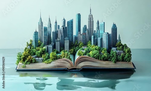 Open Book Transforming into a Modern Cityscape in a Minimalist Style photo