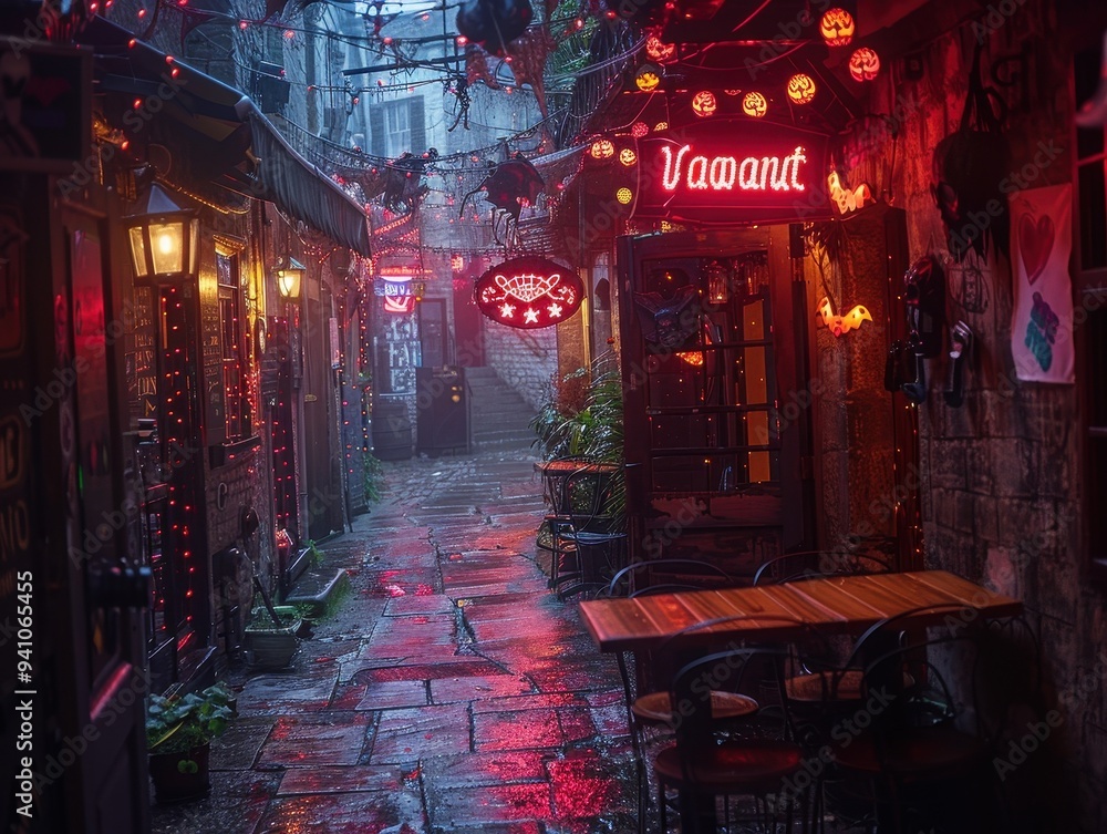 Naklejka premium Spooky Alleyway Decorated for Halloween Night