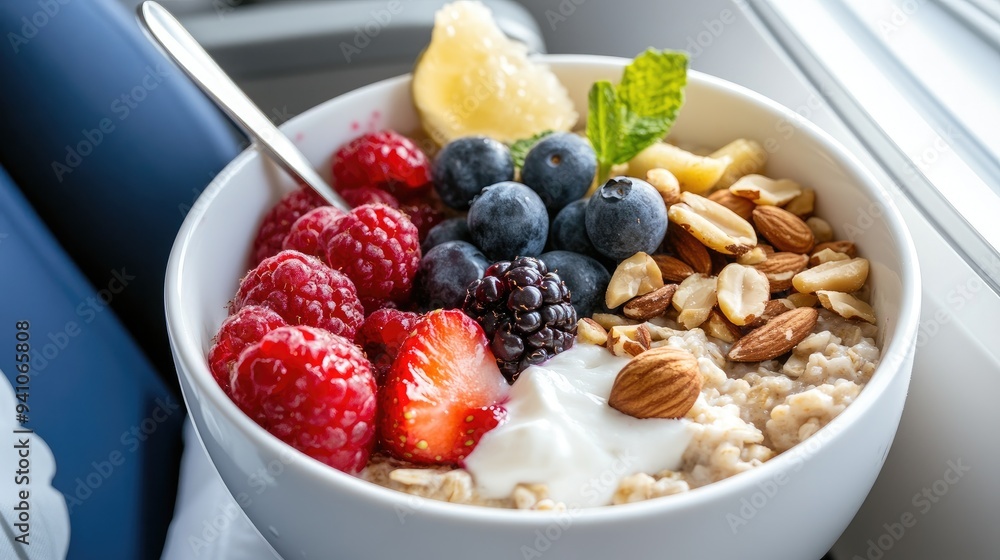 Healthy breakfast with oatmeal, fresh berries, and nuts Healthy breakfast with oatmeal, fresh berries, and nuts