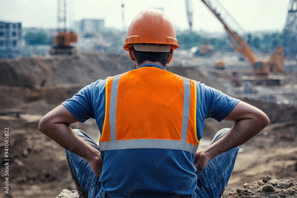 A man wearing an orange reflective vest and a hard hat observes the construction site in front of him, evaluating the ongoing development project with cranes in the background. A man wearing an orange reflective vest and a hard hat observes the construction site in front of him, evaluating the ongoing development project with cranes in the background.
