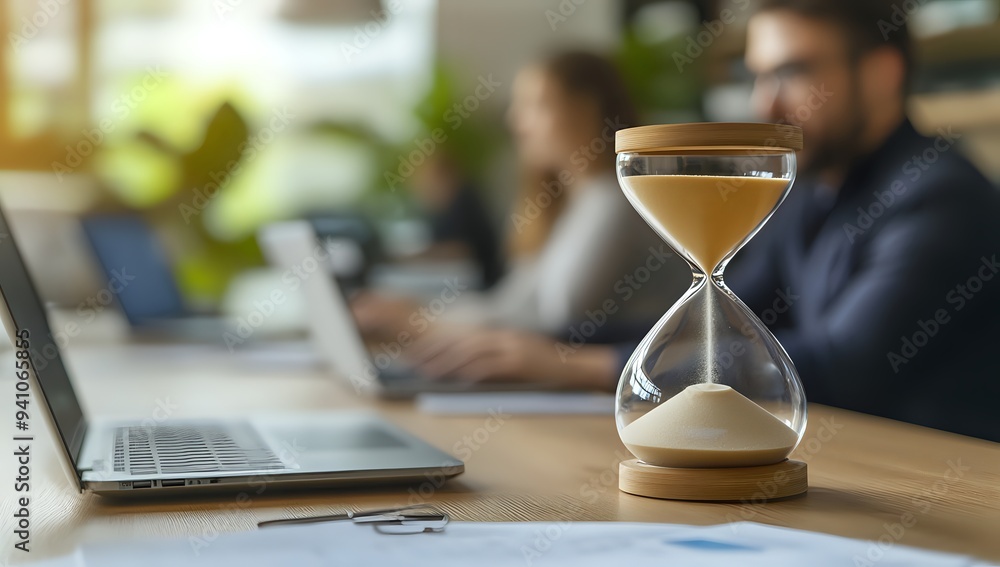 Time Management at Work: An Hourglass on a Busy Office Desk Time Management at Work: An Hourglass on a Busy Office Desk