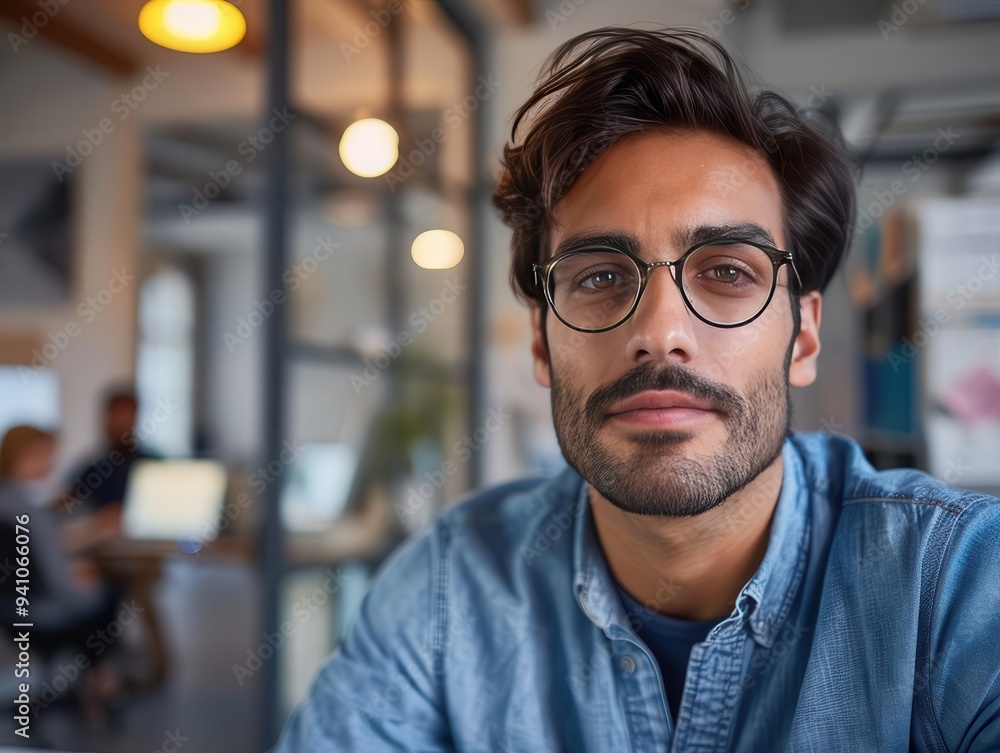 Young professional man with glasses in a modern office setting, looking confidently at the camera, soft focus background with some coworkers. Young professional man with glasses in a modern office setting, looking confidently at the camera, soft focus background with some coworkers.
