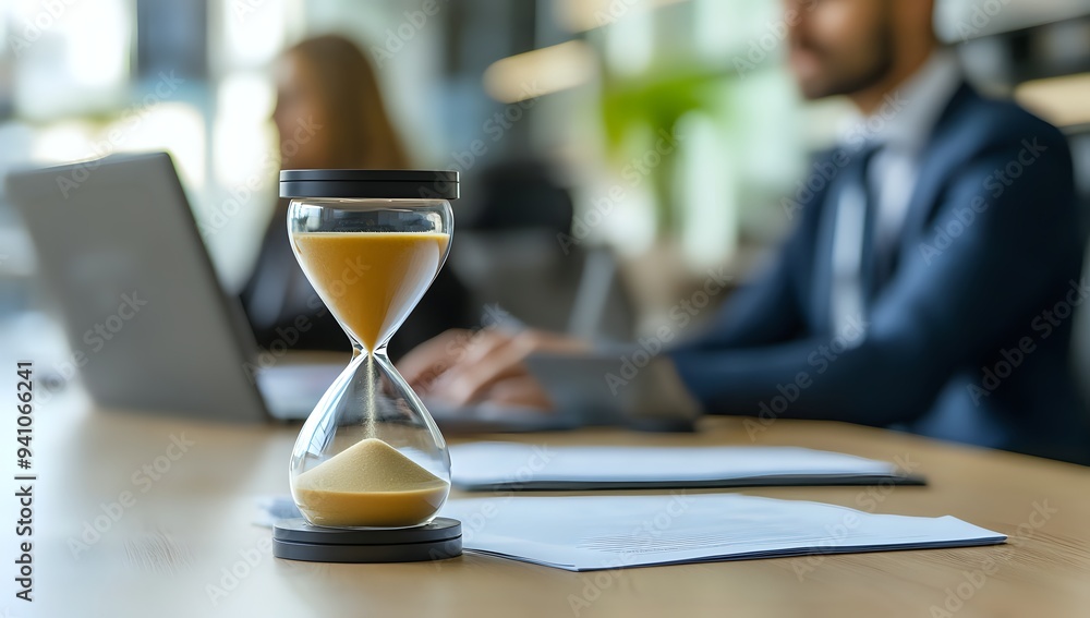 Time Management in Business: Hourglass on Desk with Business People Time Management in Business: Hourglass on Desk with Business People