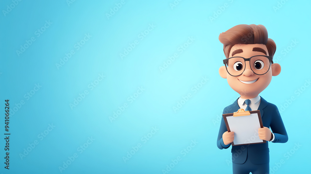 Cheerful cartoon character with clipboard, wearing glasses and a suit, ready to assist in business or presentation settings. Cheerful cartoon character with clipboard, wearing glasses and a suit, ready to assist in business or presentation settings.