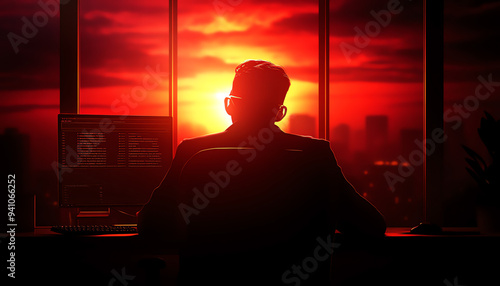 Silhouetted figure overlooking a vibrant sunset from an office, symbolizing contemplation and urban lifestyle.