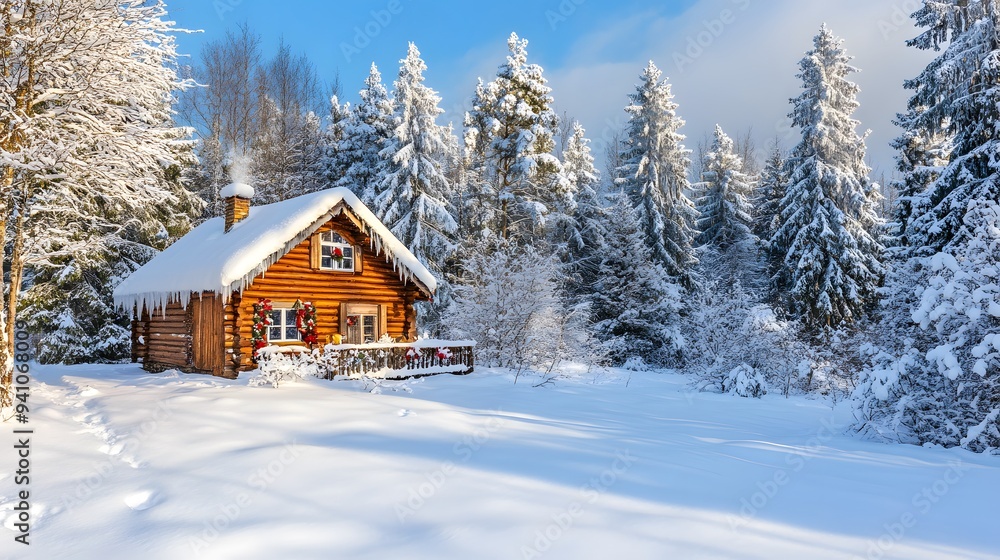 A serene winter landscape with a snow-covered cabin decorated for Christmas A serene winter landscape with a snow-covered cabin decorated for Christmas