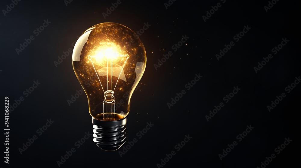 A glowing light bulb emitting sparks against a dark background. A glowing light bulb emitting sparks against a dark background.