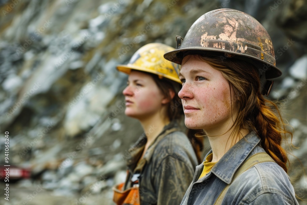 Two women in hard hats standing together on a construction site Two women in hard hats standing together on a construction site