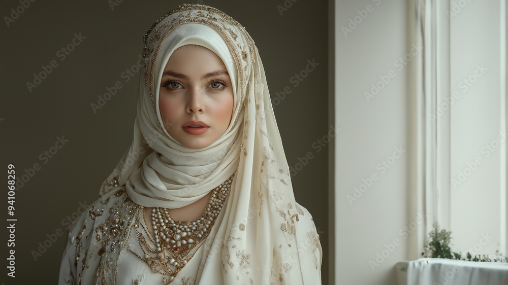 Porträt einer osmanischen Prinzessin: Elegante muslimische Frau in prächtiger traditioneller Kleidung. Reicher Schmuck, kunstvoll drapierter Hijab. Würdevolle Haltung strahlt königliche Anmut aus Porträt einer osmanischen Prinzessin: Elegante muslimische Frau in prächtiger traditioneller Kleidung. Reicher Schmuck, kunstvoll drapierter Hijab. Würdevolle Haltung strahlt königliche Anmut aus