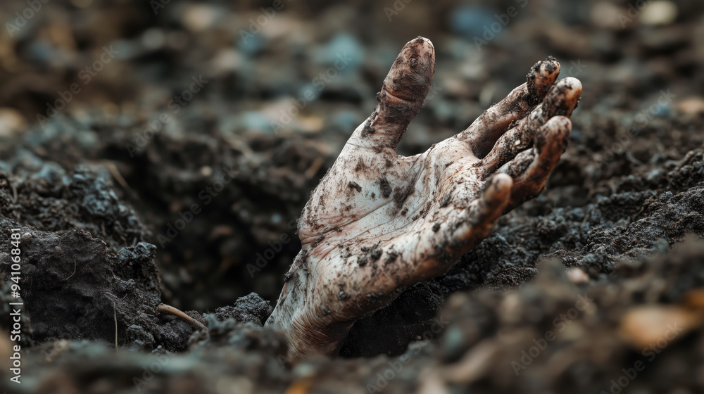 A muddy hand emerges from the dark soil, symbolizing struggle and perseverance. A muddy hand emerges from the dark soil, symbolizing struggle and perseverance.