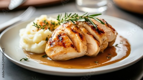Fototapeta Naklejka Na Ścianę i Meble -  Plated grilled chicken with a side of mashed potatoes and gravy