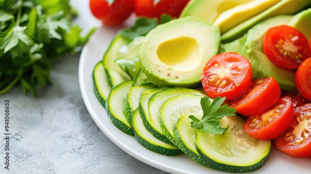Plated vegan keto dish with zucchini noodles, avocado slices, and cherry tomatoes Plated vegan keto dish with zucchini noodles, avocado slices, and cherry tomatoes