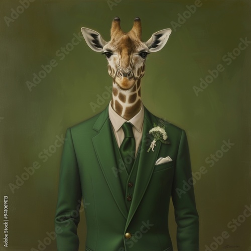 Portrait of a Giraffe in a Green Suit and Tie with Flower Boutonniere on a Green Background